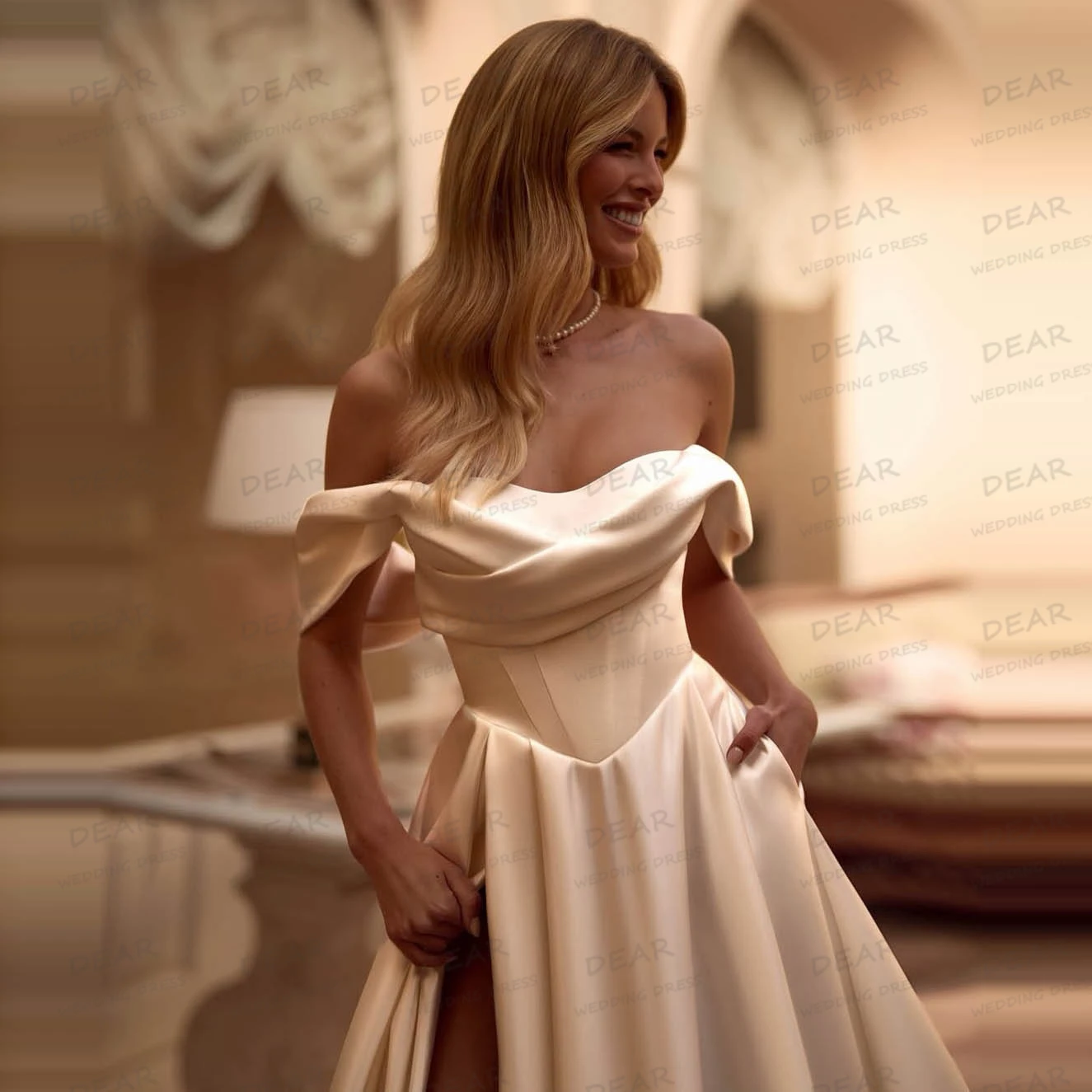 Gentle Woman's A Line Wedding Dresses Sexy High Split Bridal Gowns Sleeveless Satin Backless Lace Up Vestido De Novia Customized