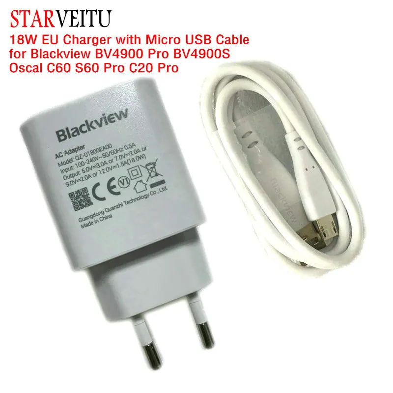 Power Adapter for Blackview, BV4900 Pro, BV4900S Oscal, C60, S60 Pro, C20 Pro, EU Travel Plug Charger, 18W, Micro USB Cable