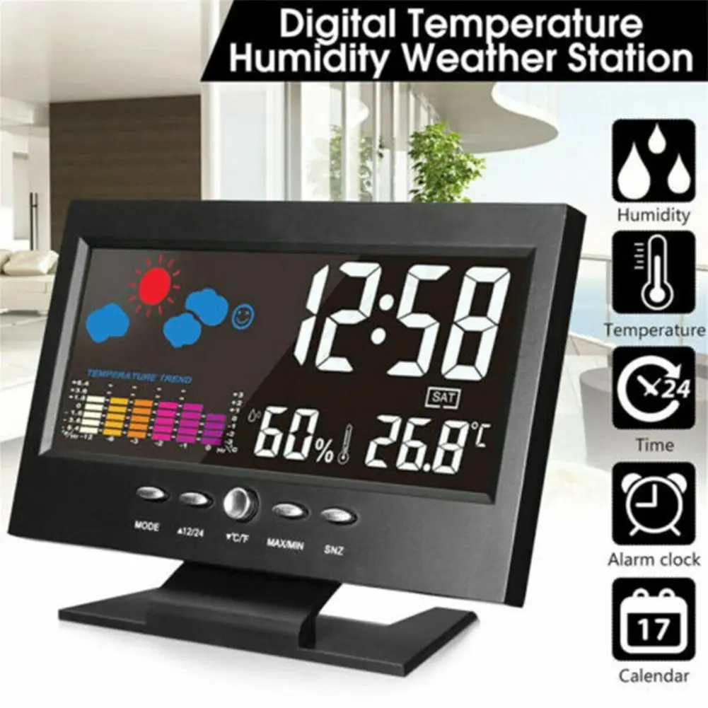 LED Digital Alarm Clock With Backlight Electronic Desktop Temperature Humidity Monitor12/24H Digital Desk Clock With Snooze