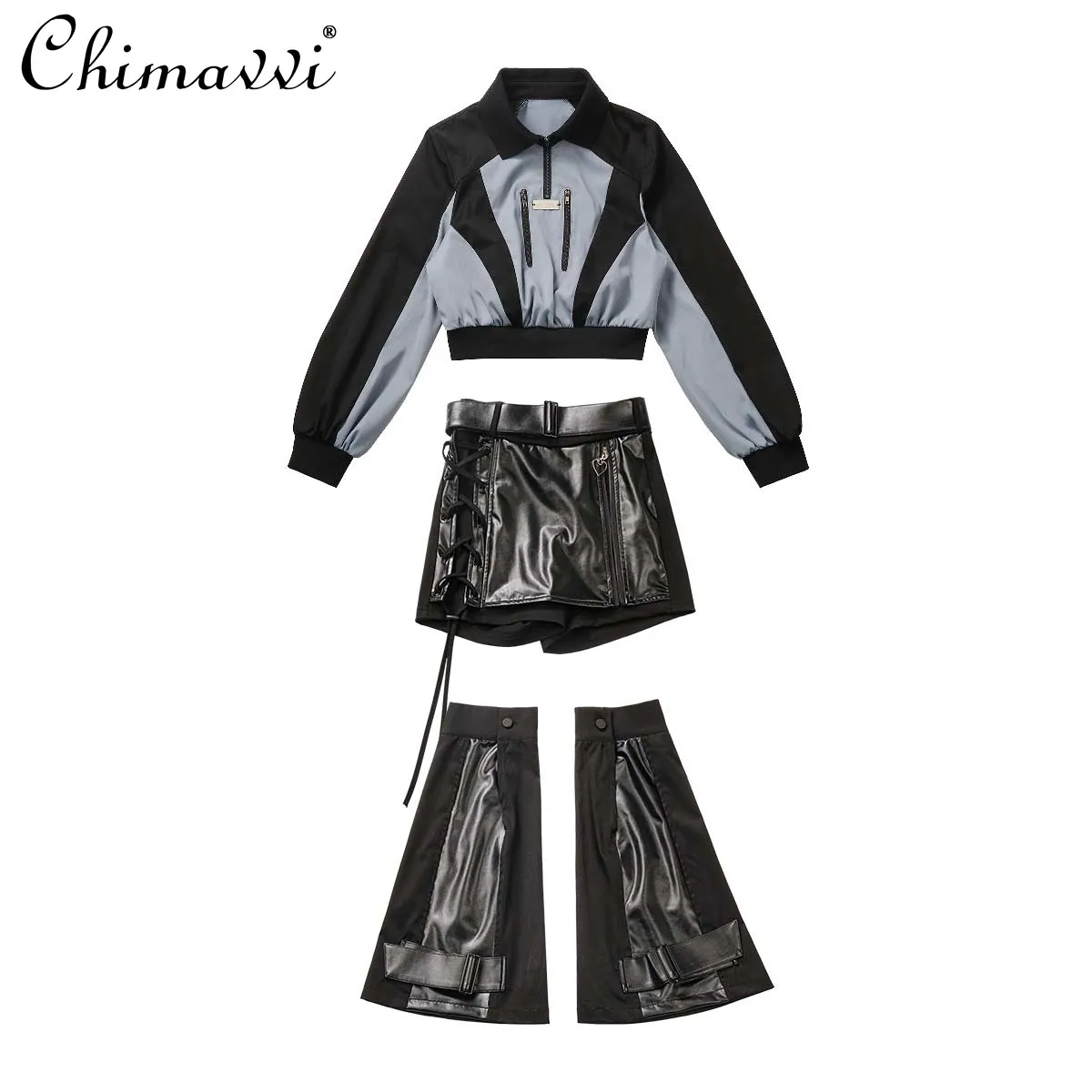 Gothic Style High Street Color Matching Jacket High Waist Slim Mini Leather Skirt Two-Piece Set Women Sweet Y2K Hot Girl Outfits