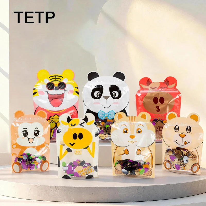 TETP 100pcs Colorful Various Cartoon Animal Patterns, Moisture-proof and Reusable Self-standing Irregular-shaped Bag for Snacks