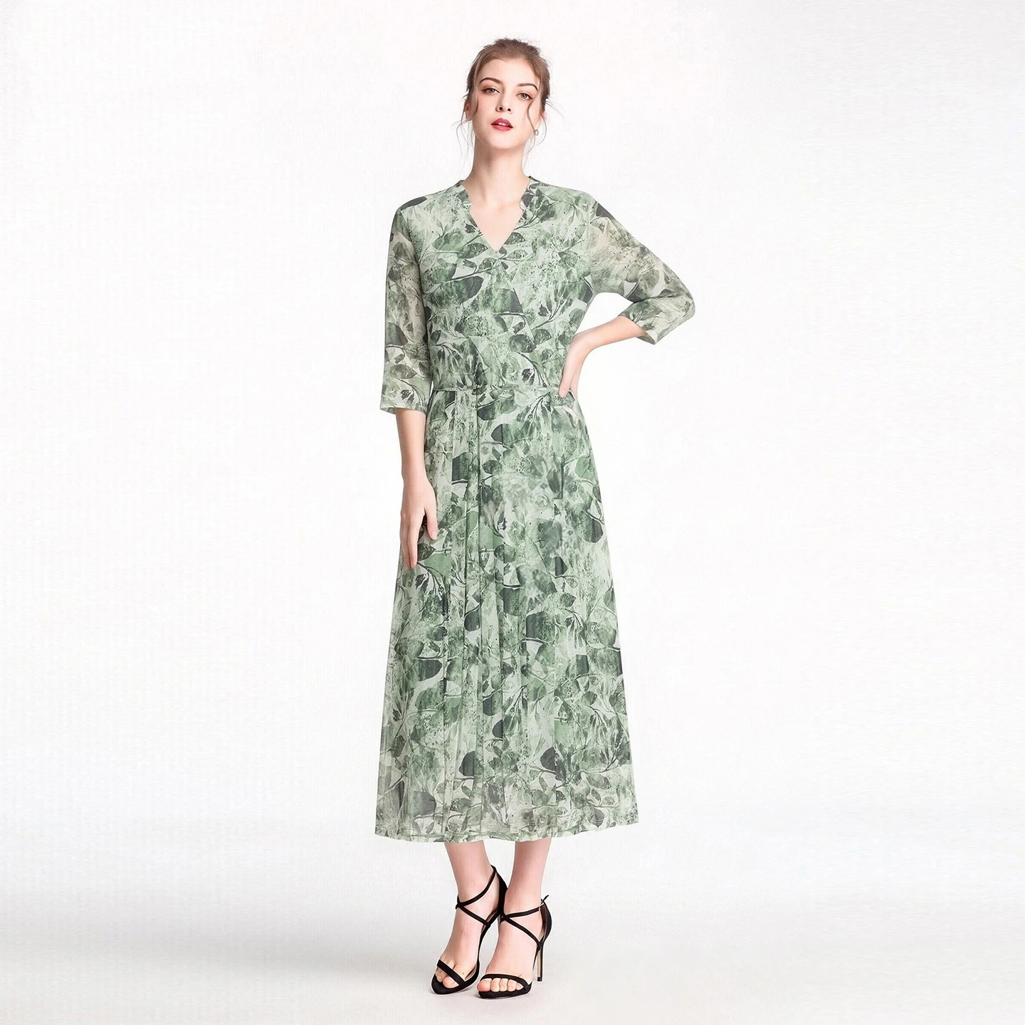 Women Mulberry Silk Mesh Knit Printed Dress Summer Genuine Silk Double Layer V-Neck 3/4 Sleeve Slim Fit Slightly Stretchy Dresss