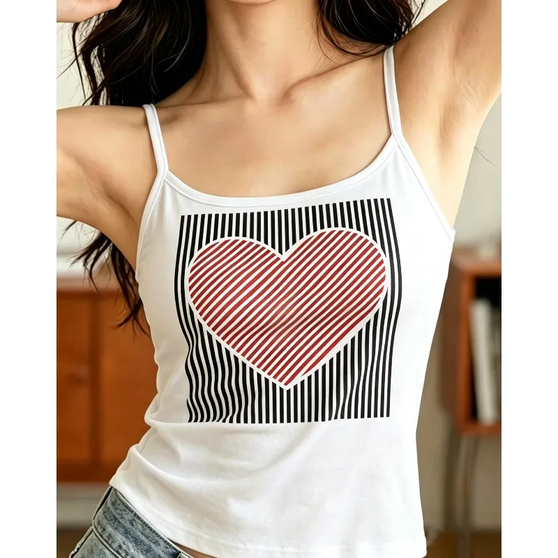 Women Spaghetti Strap Camisole Striped Red Heart Graphic Tank Top Minimal Modern Love Pattern Summer Daily Casual Cami Tops