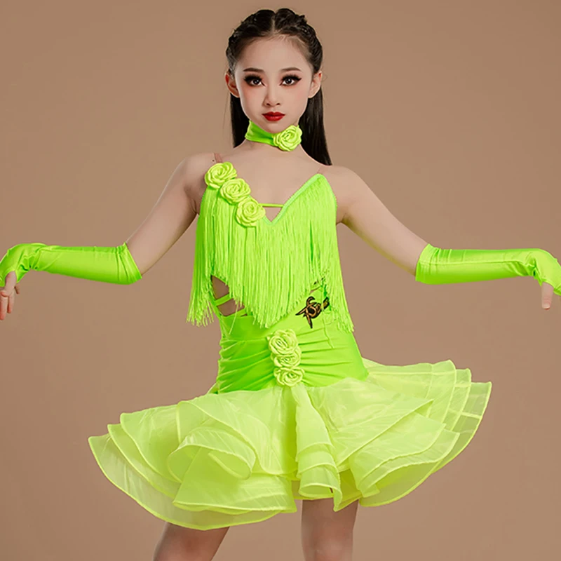 

Children Latin Dance Costumes Kids Girls Ballroom Competition Dancewear Spaghetti Strap Backless Tassels Bodysuit Swing Skirts