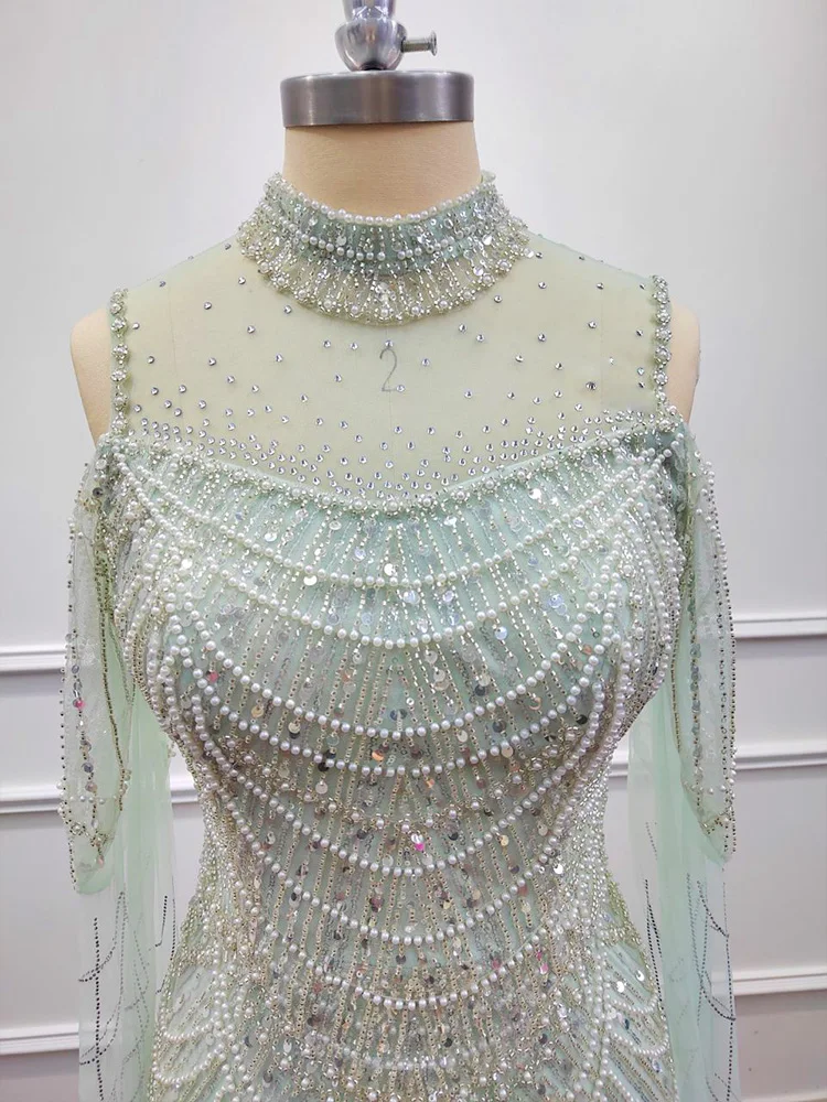 2024 Evening Dress Mermaid Luxury Arabic Cape Sleeve Beaded Pearls Sequined Long Formal Wedding Party Prom Gowns Vestido De Gala