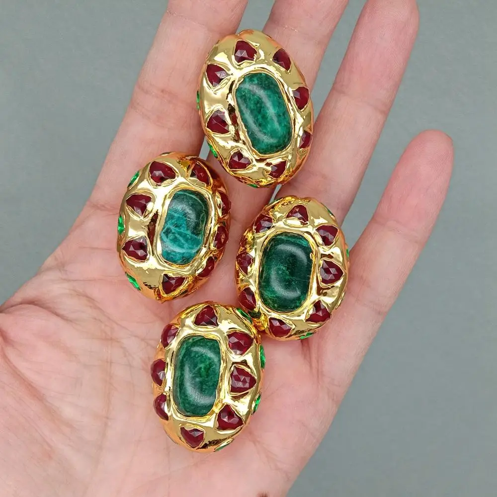 Wholesale 5 PCS Green Jasper Oval Shape Red Crystal Connector Spacer For Making Jewelry