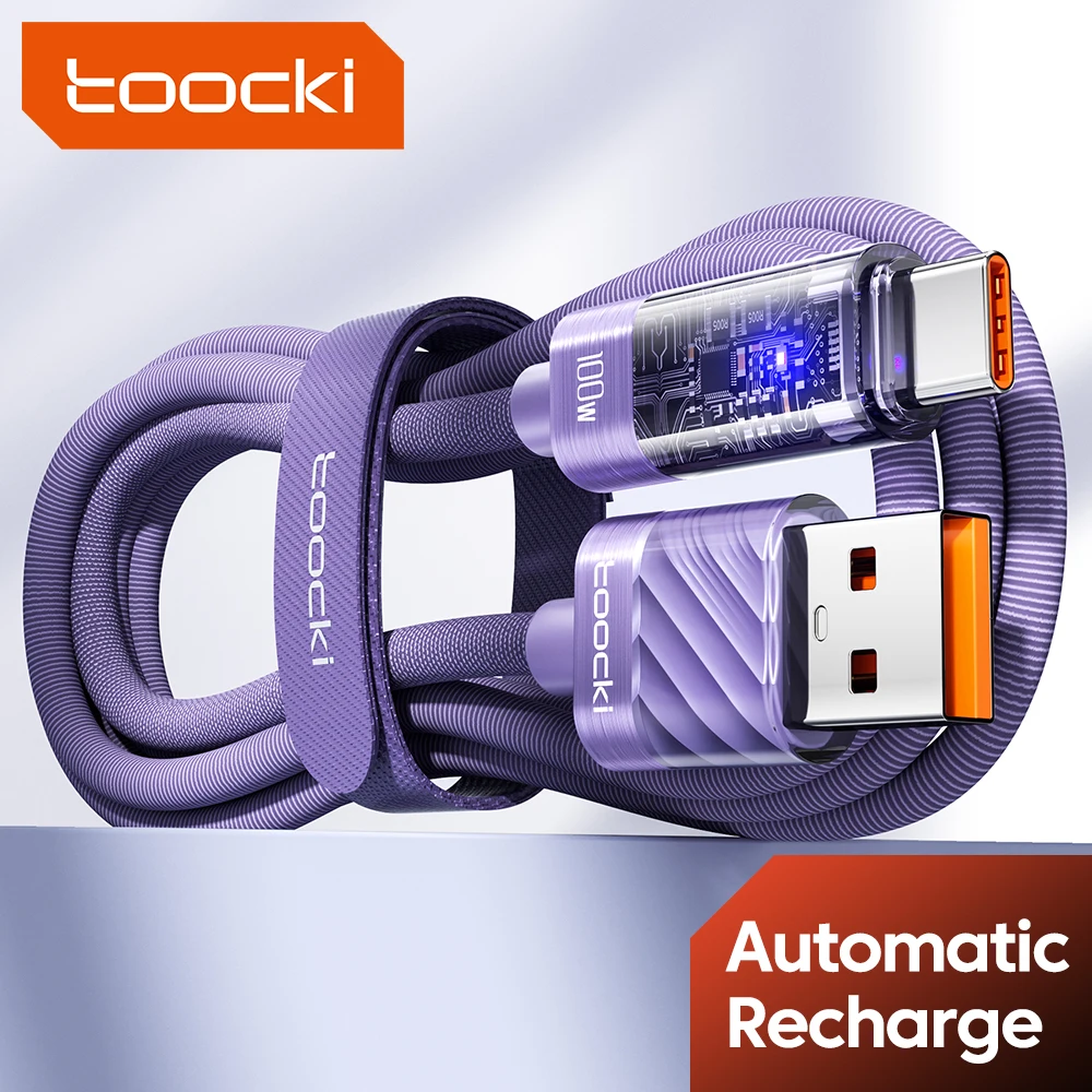 Toocki 6A 100W USB To Type C Cable Autumatic Power Off USB C Fast Charge Cable For Huawei P60 Xiaomi 15 Samsung OnePlus Matebook