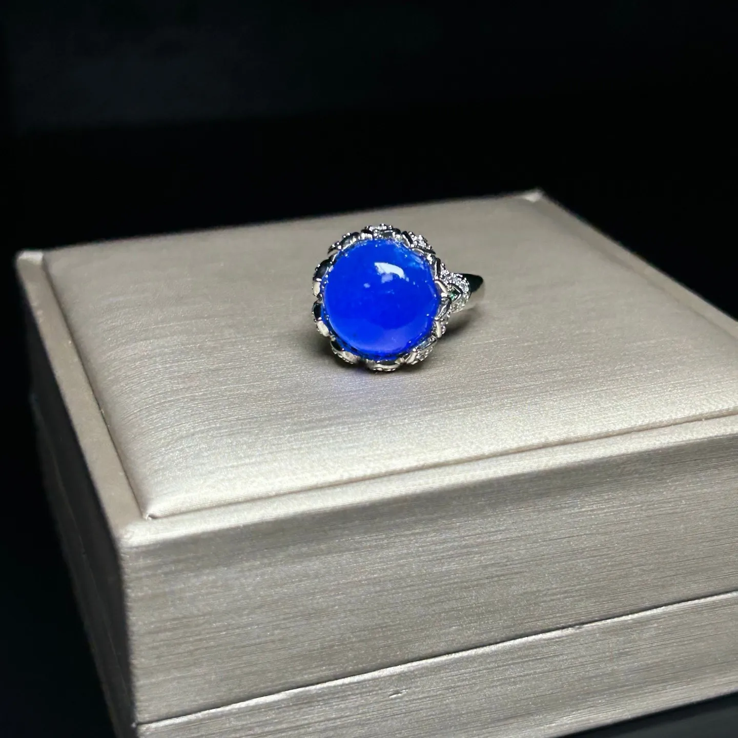 Real Natural Inlay Ice Blue Burmese Jade Jadeite Archaistic Amulet Ring