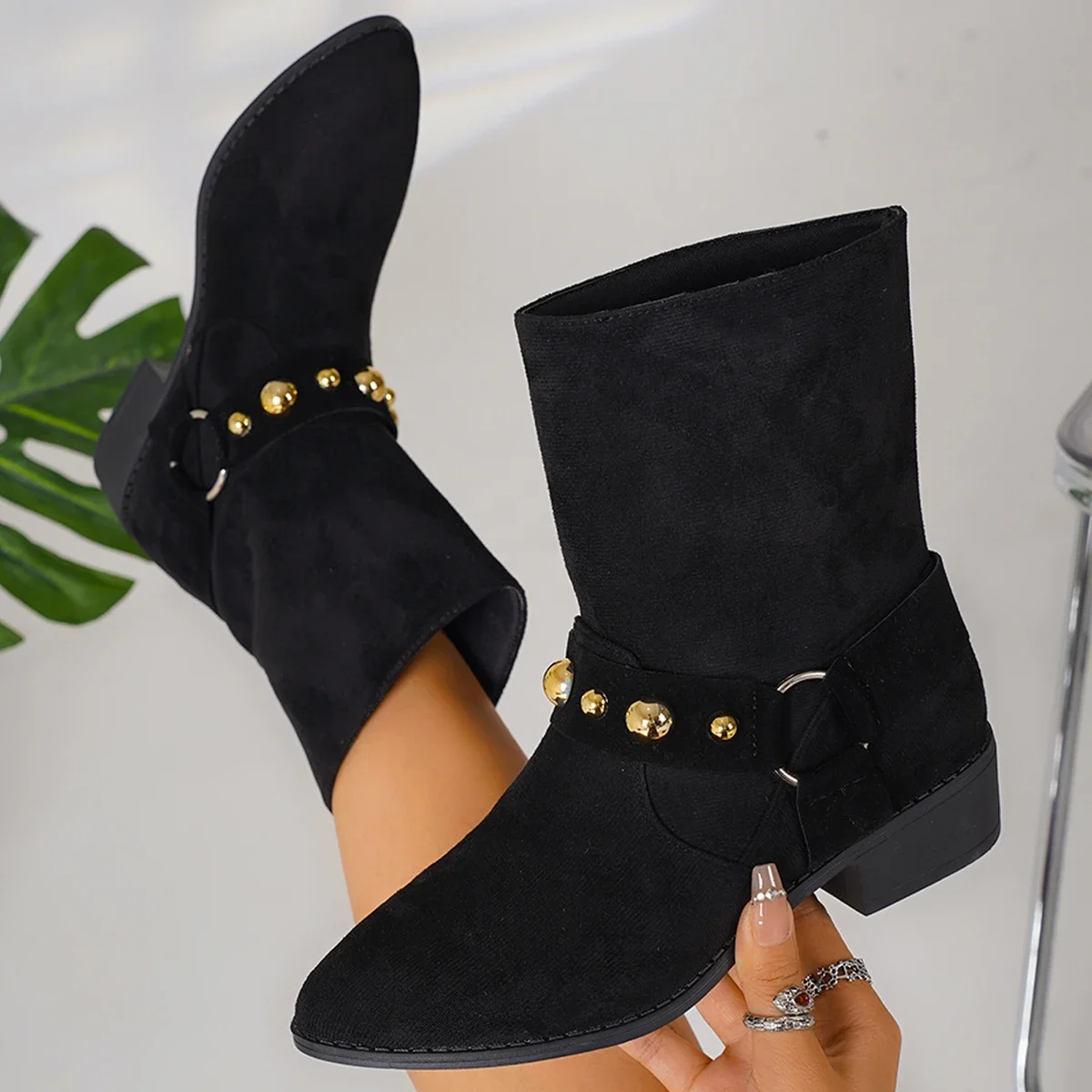 

Pop 2024 New Women Shoes Heels Black Pointed Toe Ankle Boots Women Autumn Winter Warm Short Woman Boots Size 36-43