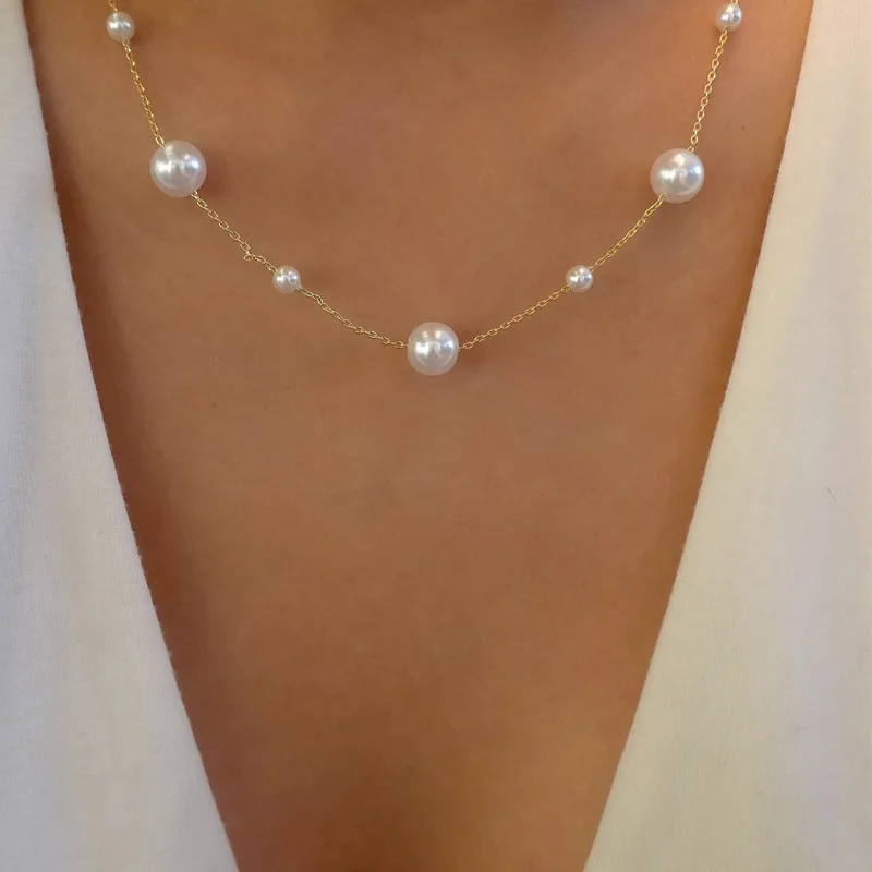 2022 Trend Wedding Party Jewelry Vintage Pearl Choker Necklace For Women Elegant White Imitation Mixsize Pearl Necklaces X0120