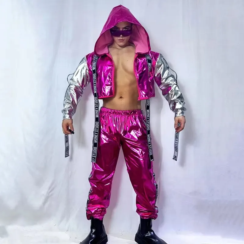 

Men's Street Dance Costume Hip Hop Jazz Rave Outfit Set Leather Hooded Jacket And Pants Male Singer Group Bandage Letter Theme
