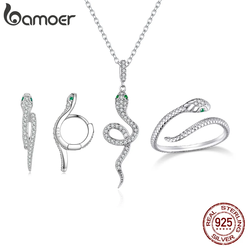 bamoer 925 Sterling Silver Snake Jewelry Set for Women Vintage Luxury Crystal Platinum Plated Snake Earrings Ring Necklace