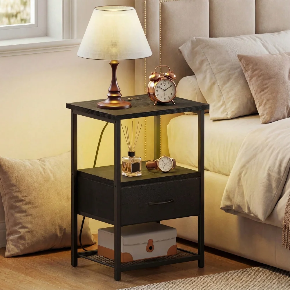 Tomnk Beside Table With Charging Station, Nightstand With Fabric Drawers, End Table With PU Finish, Bedside Table, For Bedro