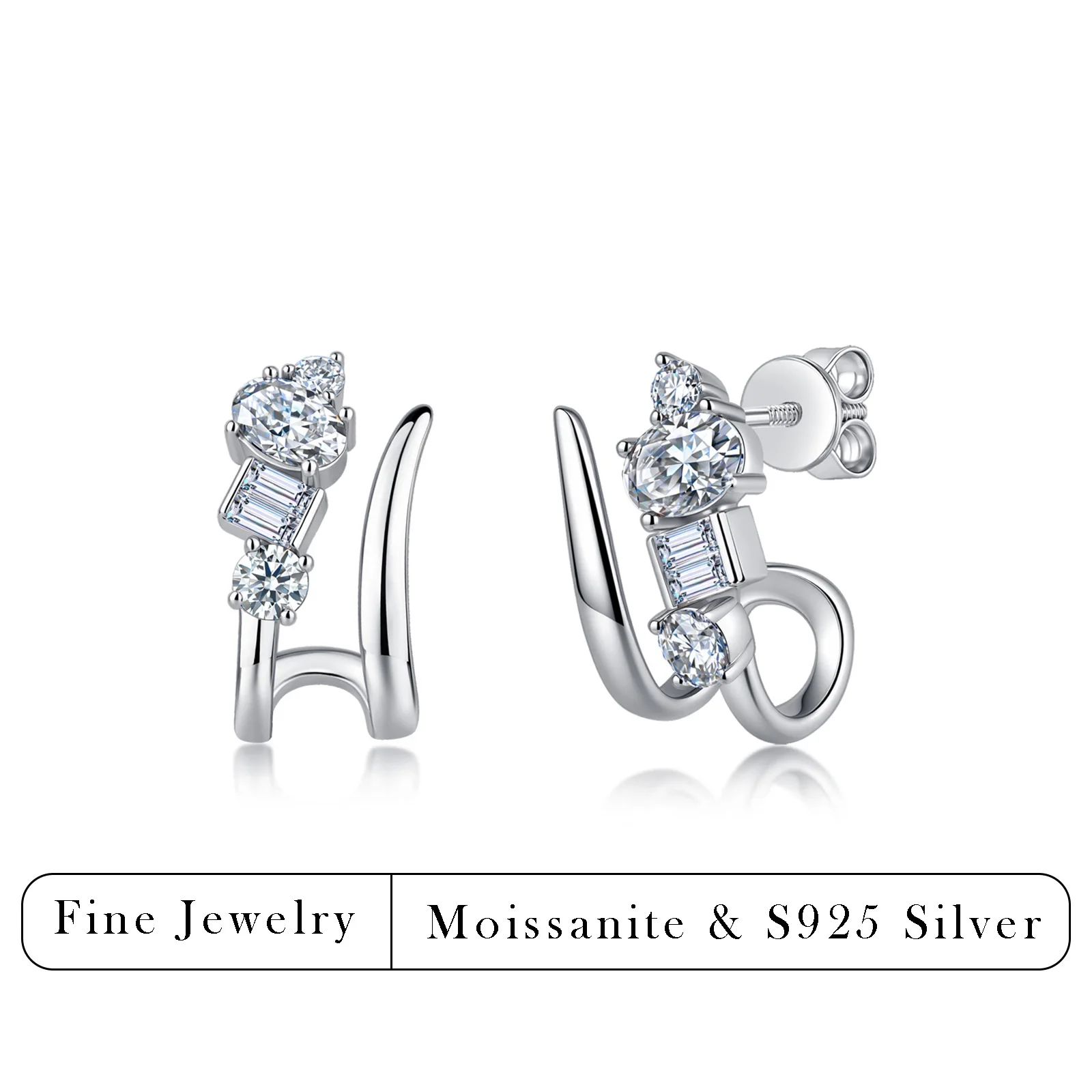 1.5ctw Mixed Cut Moissanite Cuff Studs S925 Sterling Silver Multi Stone Screw Back Earrings Women Daily Elegant Jewelry