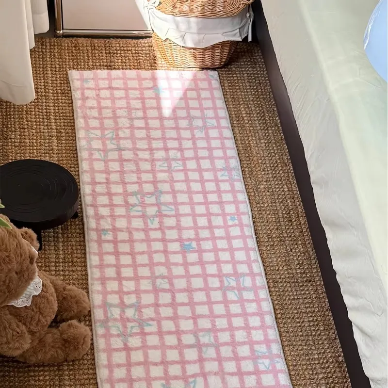VIKAMA Coloured Checked Rectangular Rug – For Bedside or Desk in the Bedroom; Non-slip and Machine-washable; Home and Decor