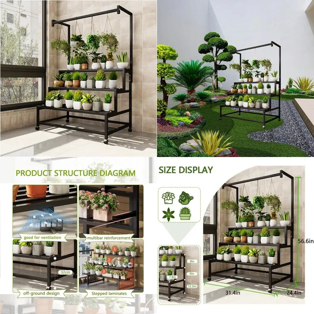 

Heavy-Duty 3-Tier Metal Plant Stand with Tall Hanging Pot Shelf and Rollers for Home, Garden, Living Spaces