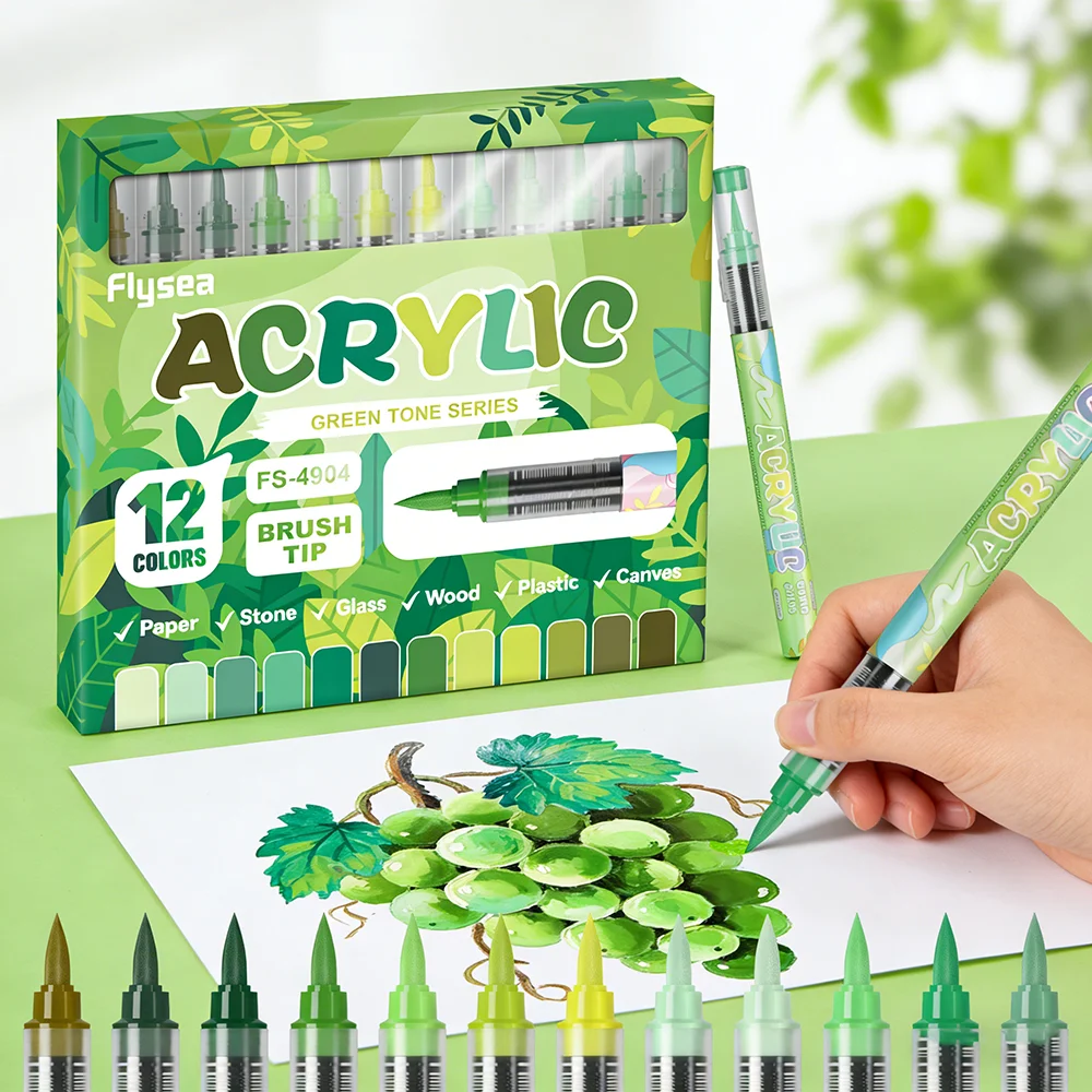 

Green Tone Acrylic Paint Pens Flexible Brush Tip Acrylic Markers for Adult Coloring Books Rock Painting Canvas Ceramic Glass
