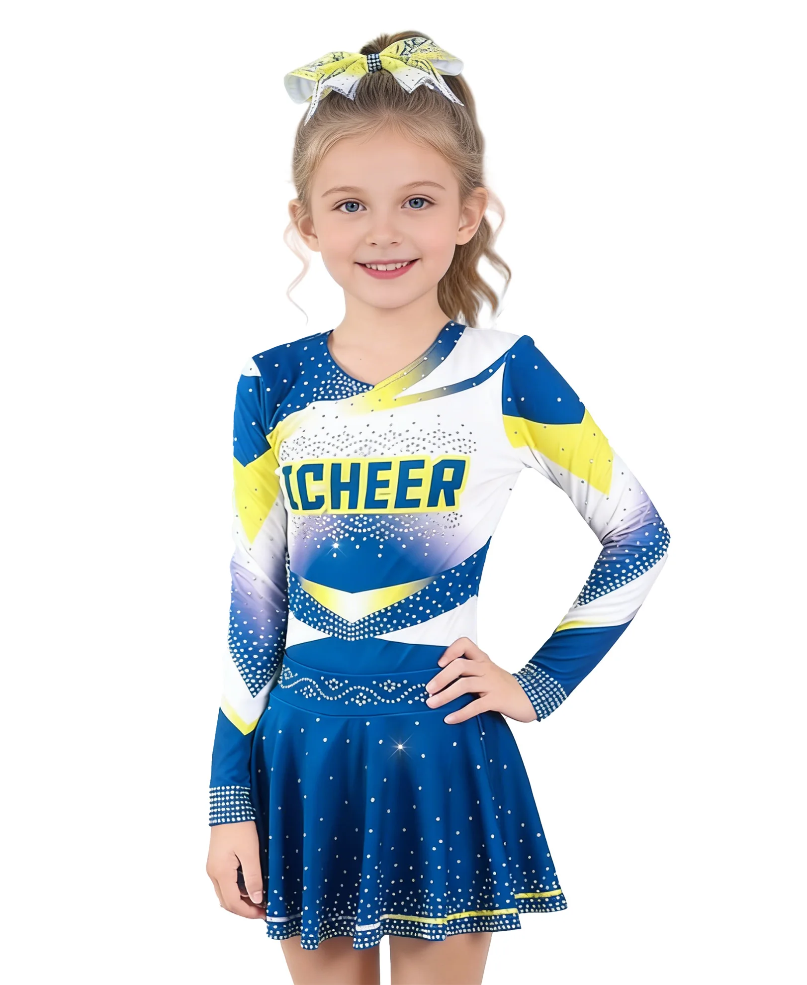 

Girls Cheerleading Uniform Long Sleeve Blue Yellow Cheer Dress Sparkle Rhinestone Pleated Skirt School Performance Dance Party