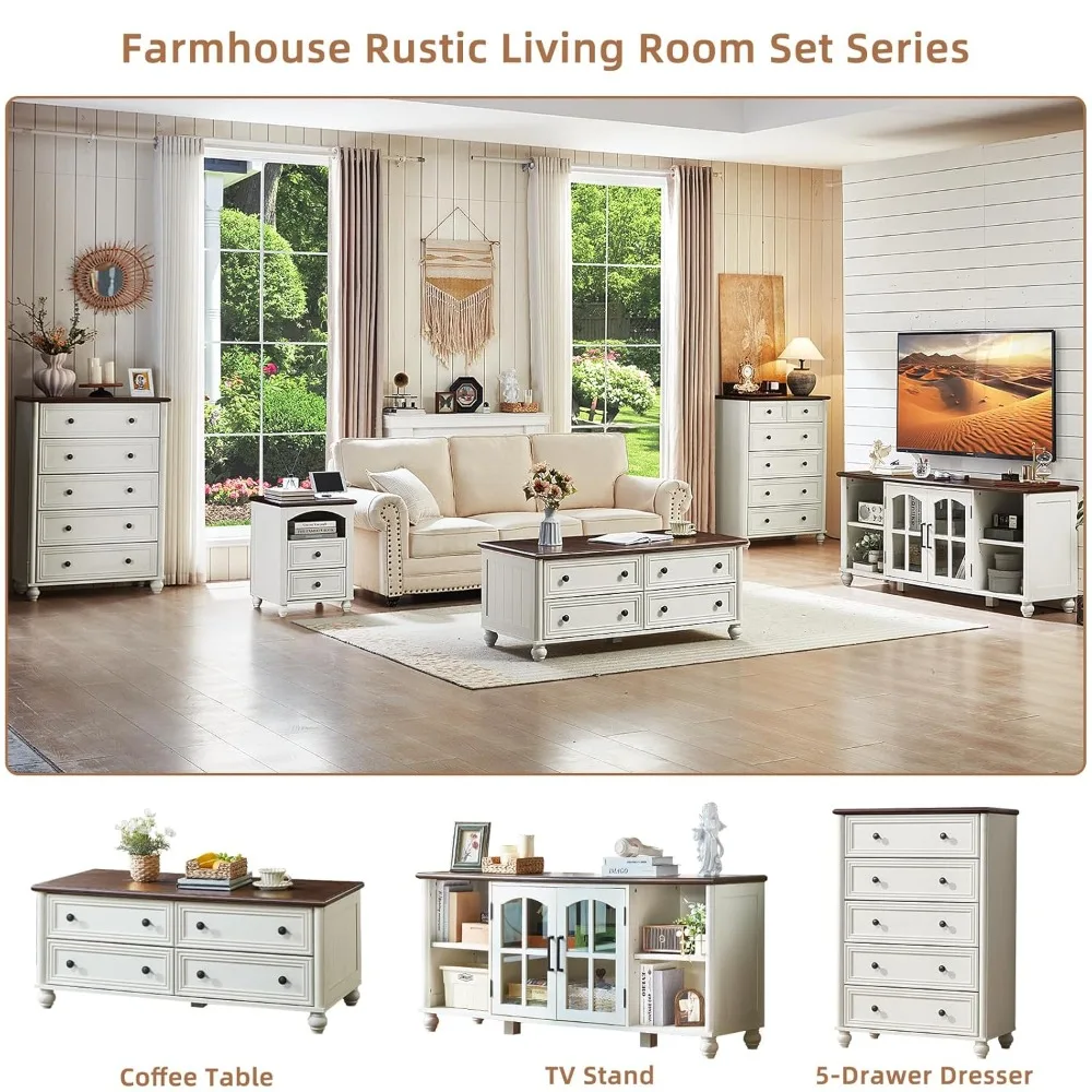 

48" Farmhouse Coffee Table with Hidden Storage, Wooden Coffee Tables with 4 Drawers & Roman Column Handle