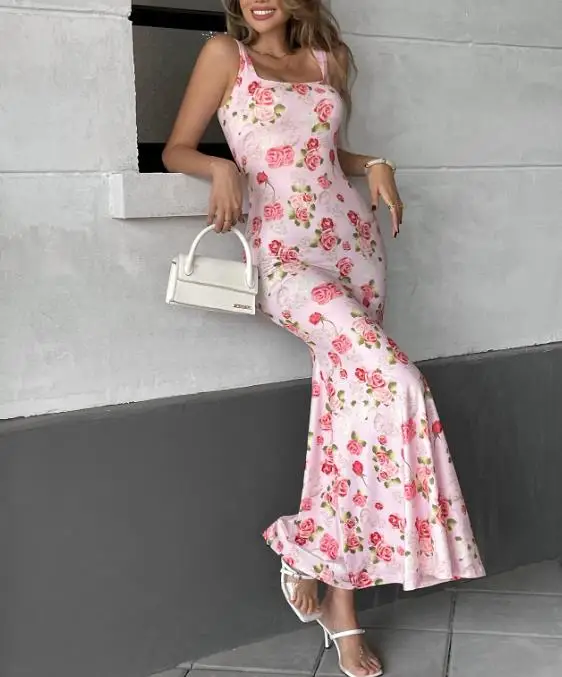 

Summer Women's Sweet Floral Dress Pure Desire Style Pink Long Skirt Casual Elegant Maxi Gown for Women