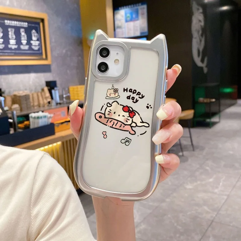 헬로키티 TPU 소프트 케이스 전기 도금 실버 고양이 귀 클리어 폰 케이스 아이폰 17 프로 맥스 16 15 14 13 12 11용