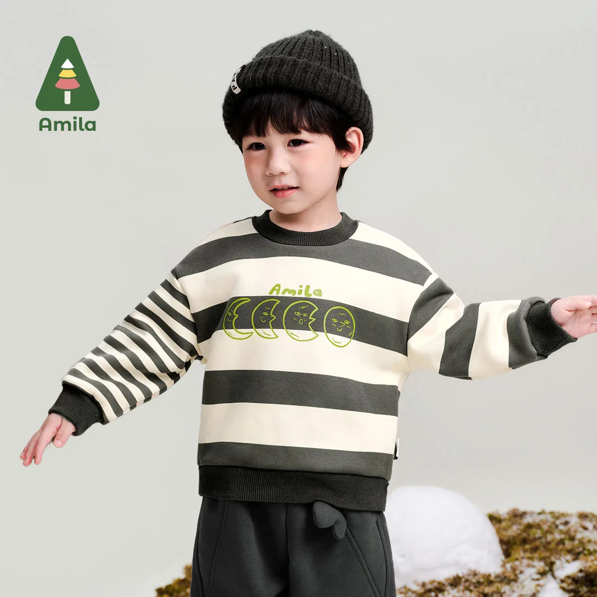 Amila Baby Sweatshirt 2024 Winter New High Quality Boys And Girls Striped Plus Velvet Warm Skin-Friendly Loose Children’s Tops