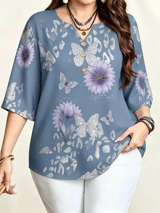 Plus Size Leopard Floral Butterfly Print Blouse Notch V Neck 3/4 Sleeve Wooden Look Buttons Loose Casual Top