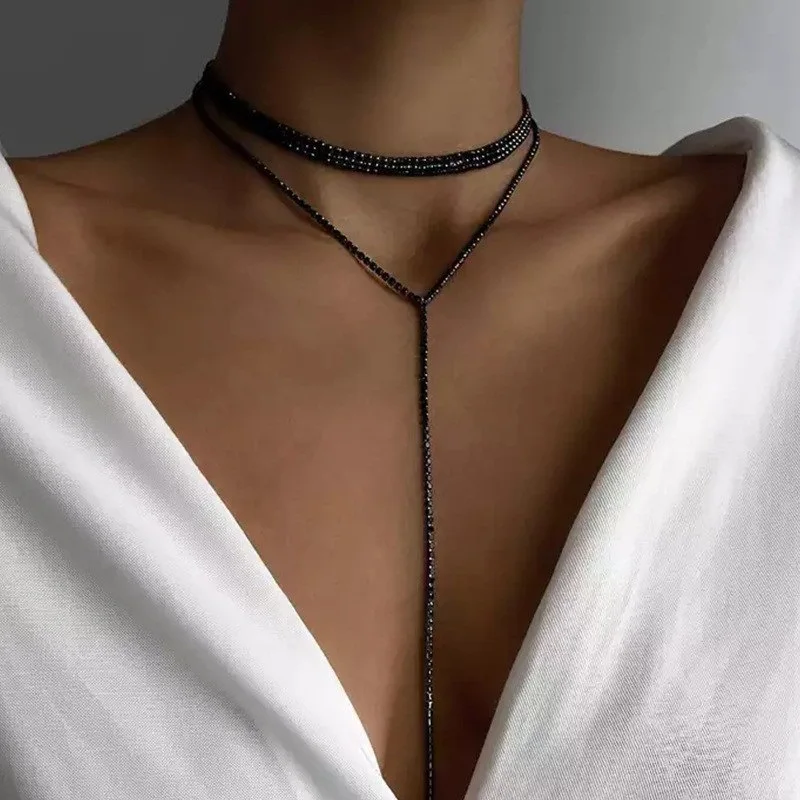 

Black Rhinestone Long Tassel Choker Necklace for Women Accessories Fashion Crystal Chain Double Layer Necklace Wedding Jewelry