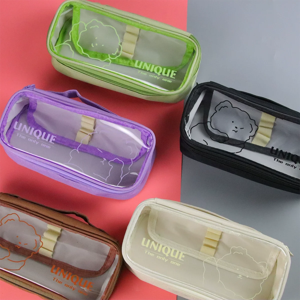Transparent Pencil Case with Line Bear Print, Rectangular Double Zipper Large Capacity Stationery Storage Bag, Multiple Compartm
