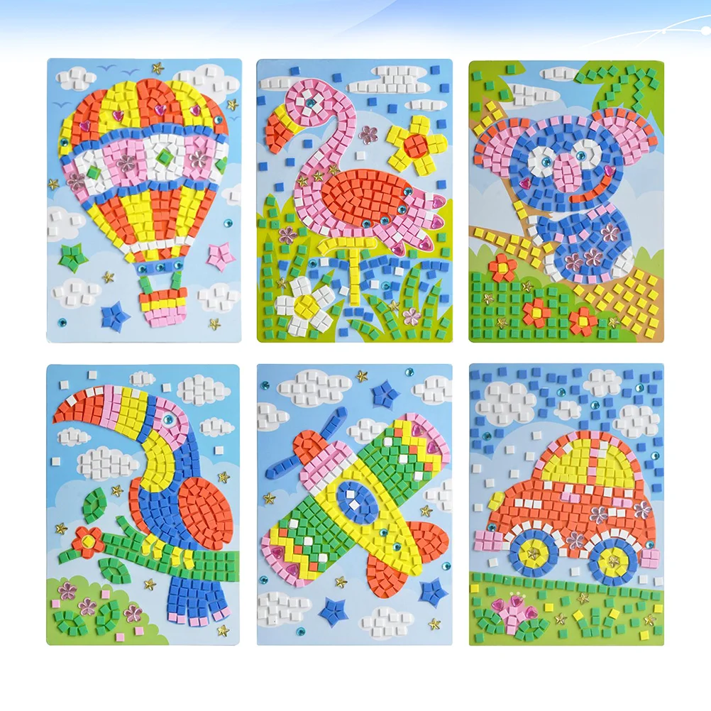 6 قطعة ملصقات فسيفساء ذاتية الصنع ثلاثية الأبعاد الكرتون التعليمية صياغة المواد للأطفال الأحمر توج كرين نقار الخشب سيارة طائرة الهواء الساخن #3