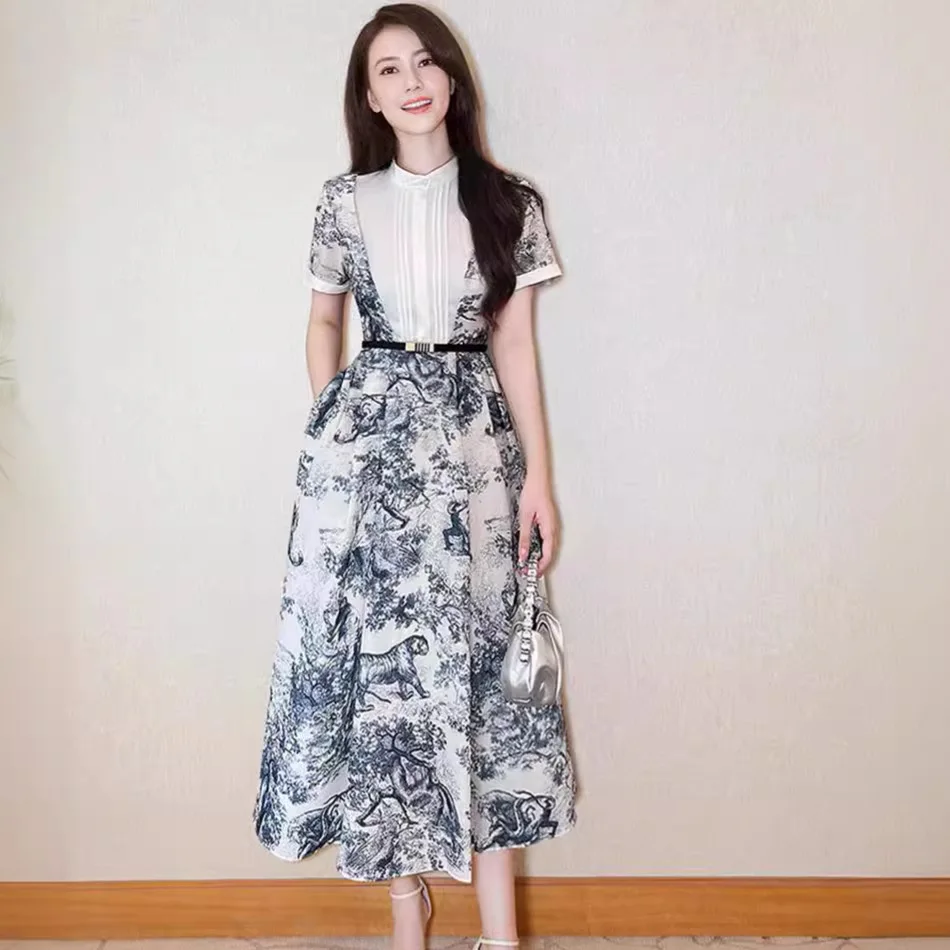 

2025 Spring New Long-sleeved Viscose Dress Blue Round Neck Ink Print Drawstring Elastic Waist Midi Dresses for Women C189