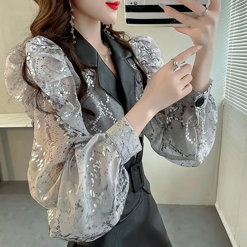 French Style Tailored Collar Shirt Spliced Spring Autumn Fashion Folds Sequined Women's Clothing Commute Double Breasted Blouse