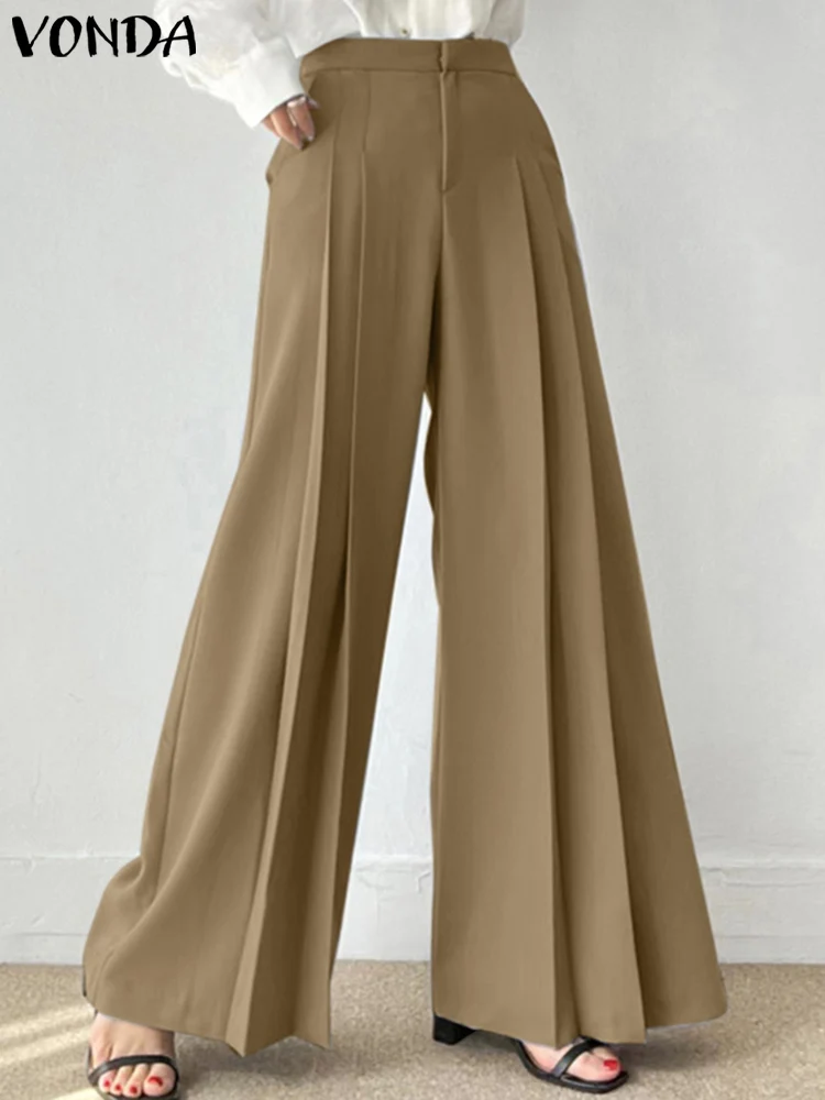 VONDA-Pantalon plissé à taille haute pour femme, vêtement élégant à jambes larges, couleur unie, poches, style décontracté, idéal pour le bureau, tendance 2023