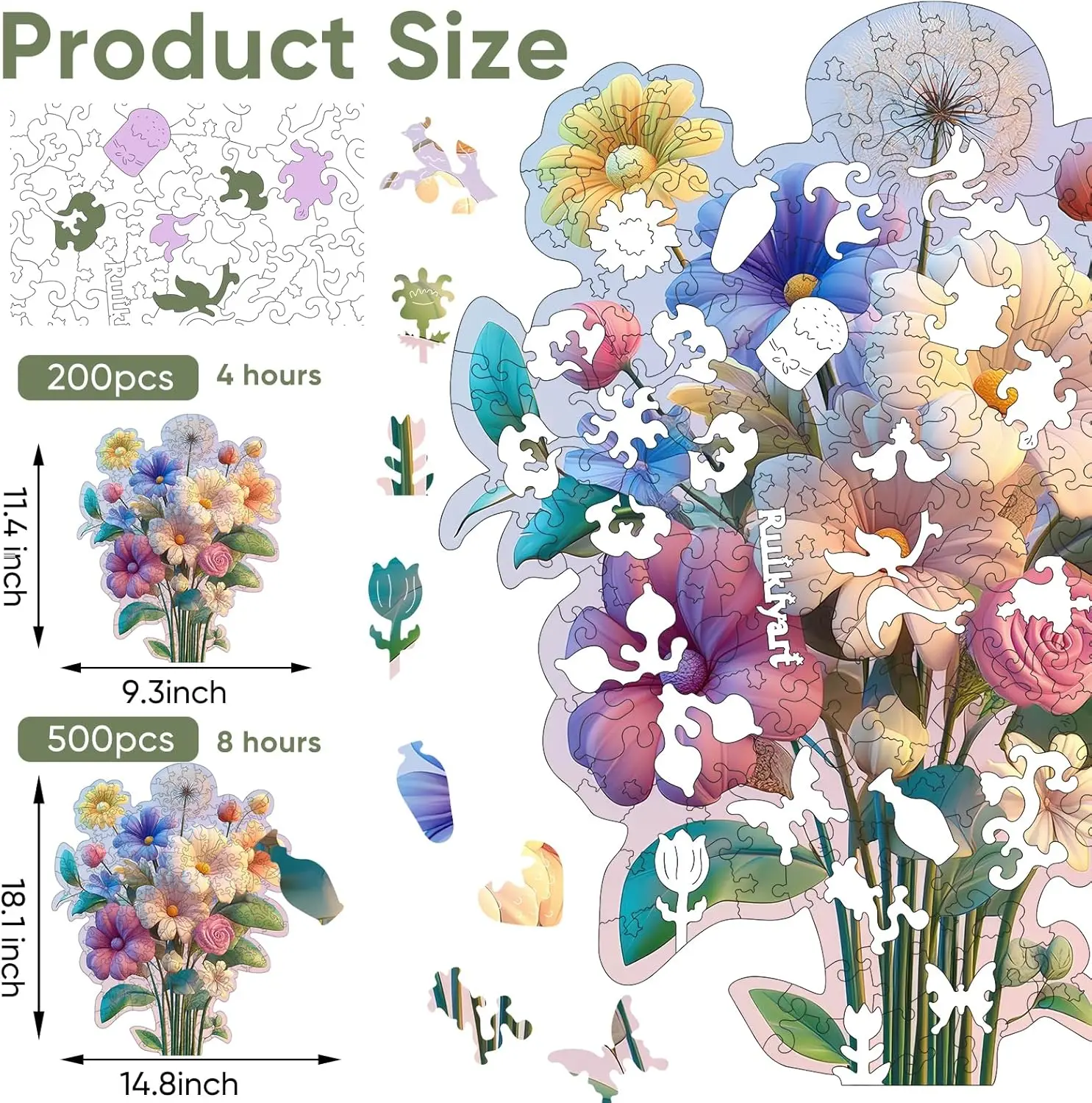 Colorful Flower Bouquet 500 Pieces Wooden Jigsaw Puzzles for Adults Unique Irregular Shape Fun Challenging Puzzles for Kids and