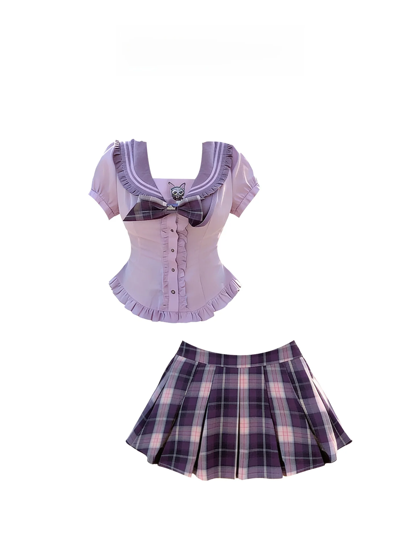 

HEZA Summer Navy Collar ort Sve Women's Sweet School Sle plus Size Cheered Pleated Skirt Set High Waist A-Line Skirt