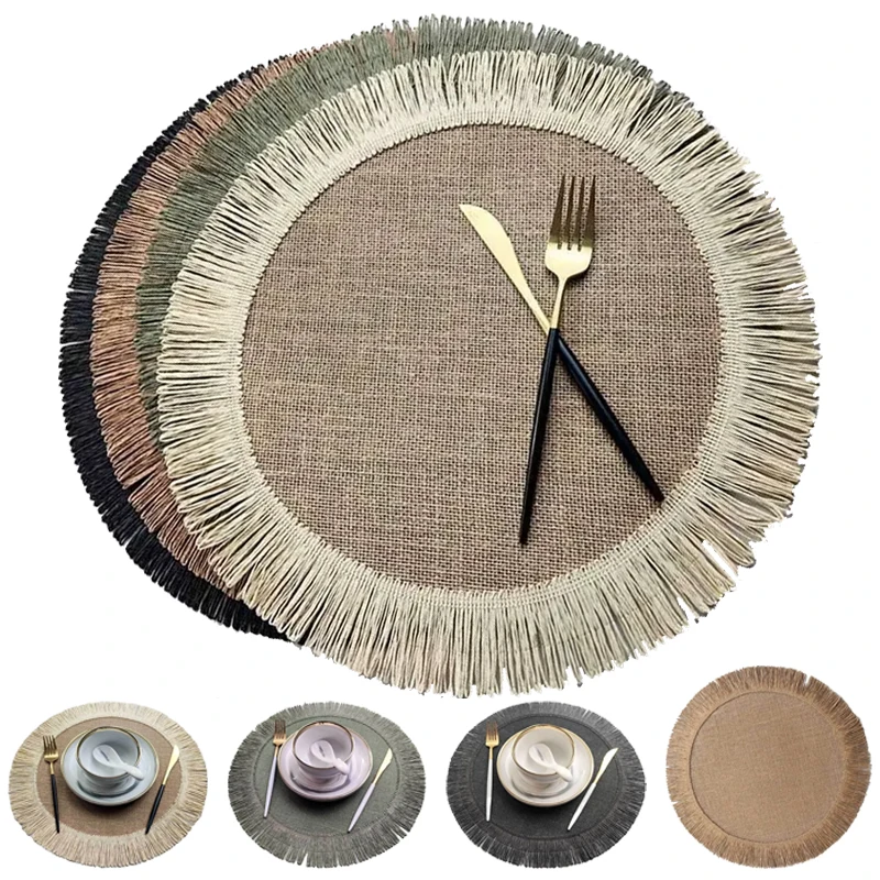 

38x38cm Round Placemat Fringe Jute Table Mats Heat Resistant Anti-Slip Rustic Cloth Coaster Tea Cup Pad Home Dining Table Decor