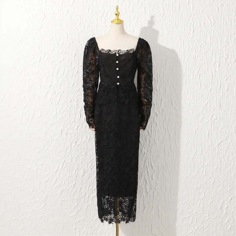 ZAMOR Mysterious Black Lace See-Through Square Neck Puff Sleeve Top High-Waist Skirt Set Women's 2026 Summer New Outfit