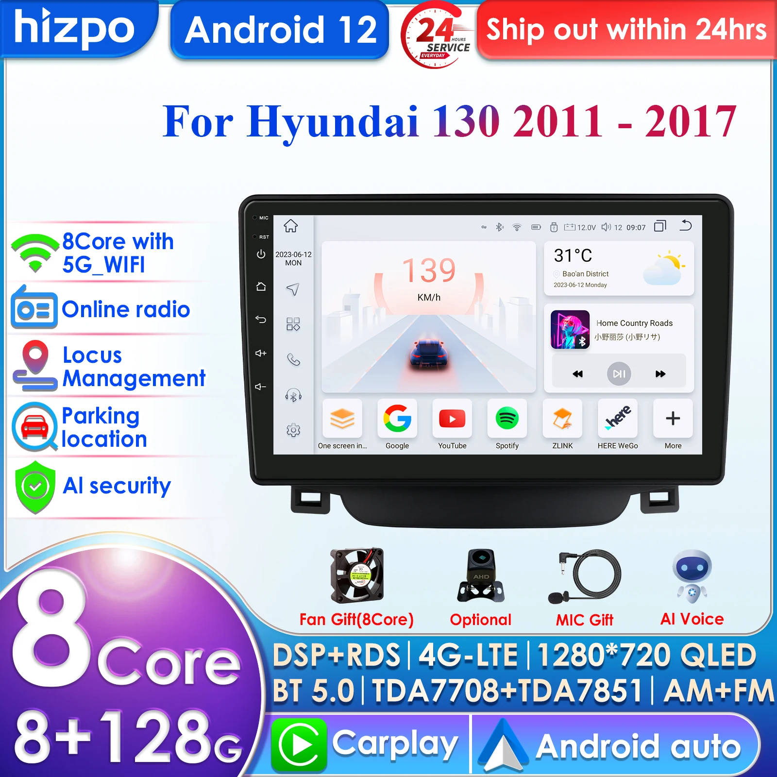 

Hizpo 4G 9'' AI Intelligent System CarPlay Android Auto Radio for Hyundai I30 I 30 Elantra GT 2011-2017 Car Multimedia Autoradio