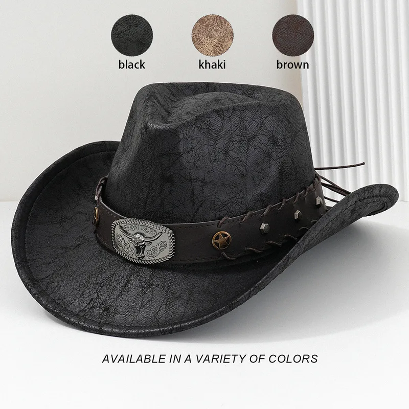 Unisex PU leather Y2k style cowboy hat with metal three-dimensional bull head star-studded belt for parties and festivals
