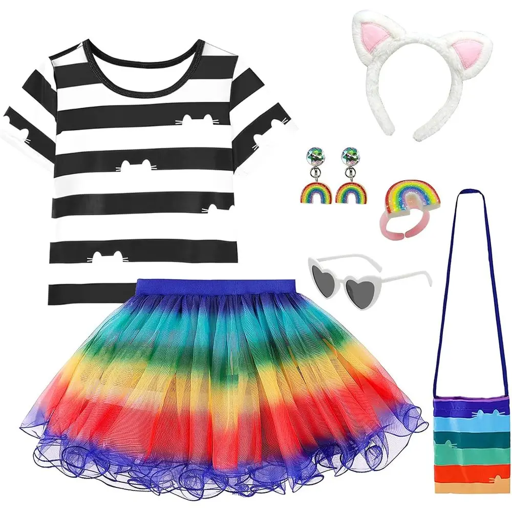 

Костюм Pixicks Girls Cat House Rainbow, футболка в полоску и пышное платье, повязка на голову и кошачьи ушки для Хэллоуина или дня рождения
