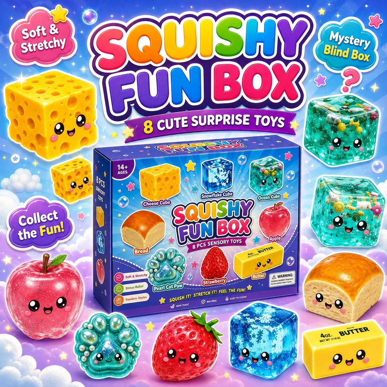 8PCS Squishy Toy Mystery Pack Realistic Styles Slow Rising Squeeze Sensory Fidget Stress Relief Holiday Surprise Gift Box Set