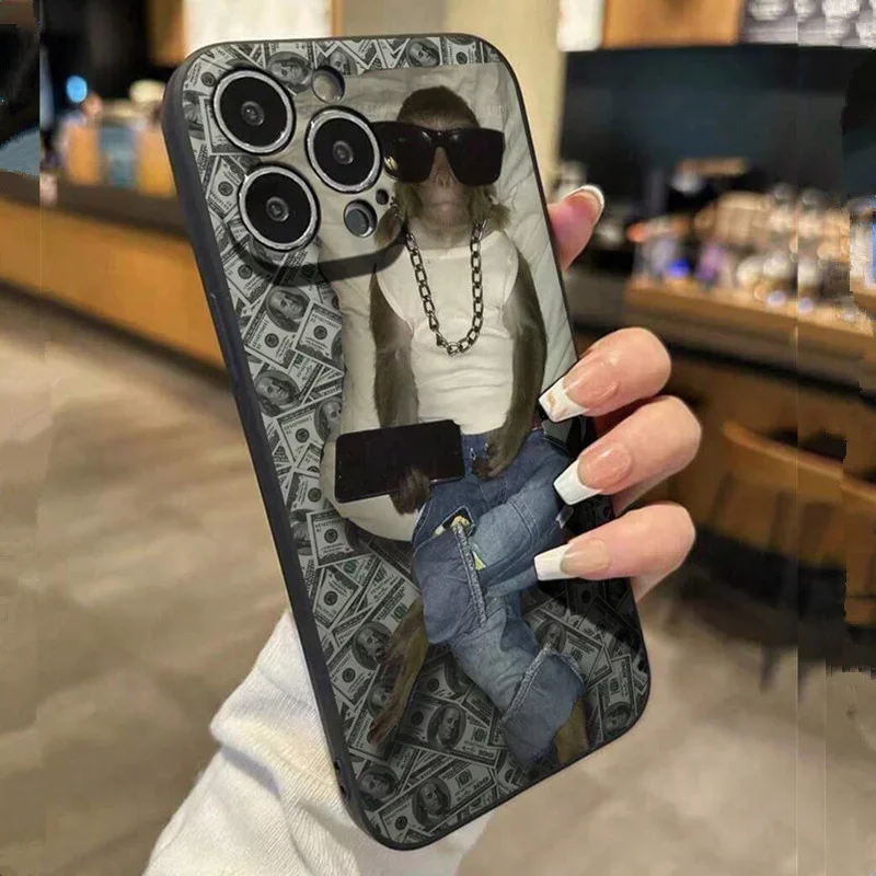 Funda para iPhone 11 12 13 14 15 16 Pro Max XS X XR 7 8 Plus SE 2020 2022 con estampado de mono y dinero 3