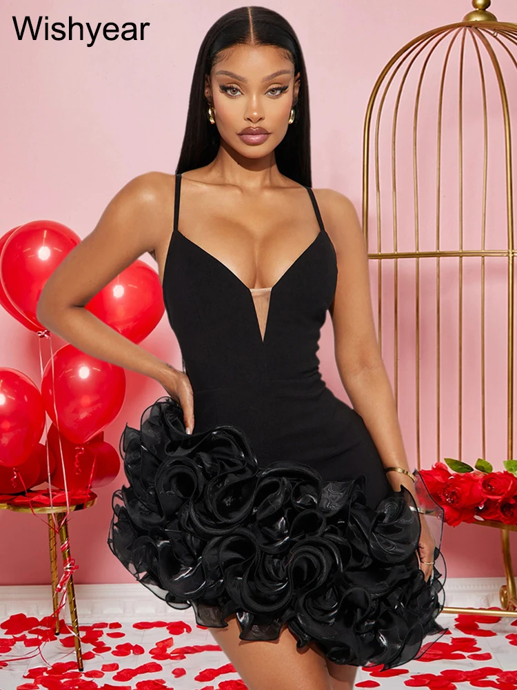 New Ruffle Pleated Black Mini Dress Women Sexy Straps Ruffle Red Vestidos Female Evening Elegant Luxury Birthday Night Prom Robe