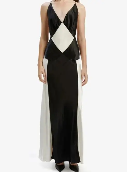 

Summer New Sleeveless Fashion Black and White Contrast Splicing Sexy Strap Skirt Women's Sexy Deep V-Neck Strap Dress