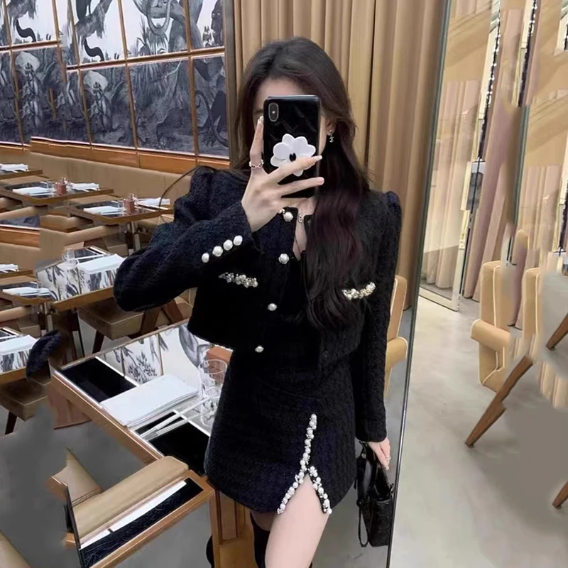 Female Autumn Winter 2 Piece Suit Pearls Beading Wooled Two Piece Set For Women Short Jacket Coat+High Waist Forked Mini Skirt