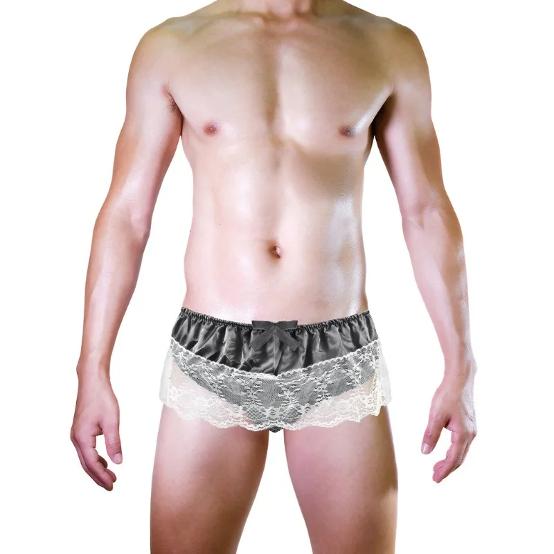 

Men's Satin Frilly Lace Trim Sissy Bowknot Thong Panties Elastic Waist G-string Underwear Ruffled French Knickers Gay Lingerie