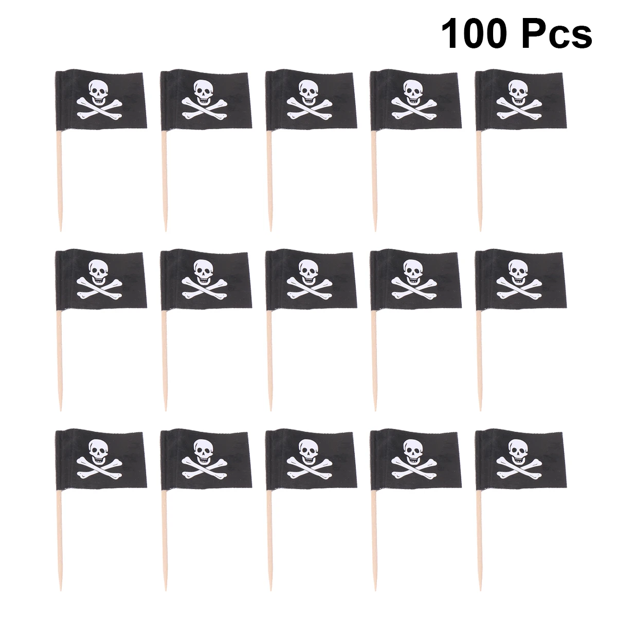 

100pcs Pirate Skull Flags Cupcake Toppers Wooden Picks for Party Cake Decorations Food Safe Bamboo Skewers Halloween Accessories