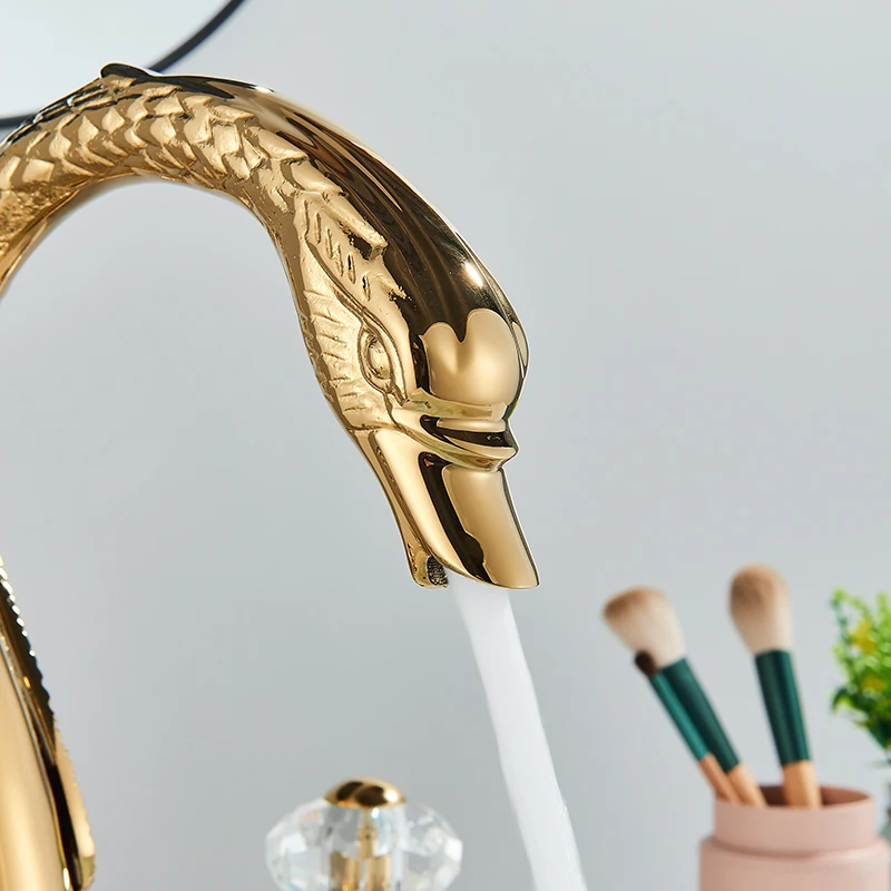 Golden Swan Shape Bathroom Faucet Basin Faucet Tap  Bathtub  Two Crystal Handles Hot Cold Mixer Crane Basin  Tap