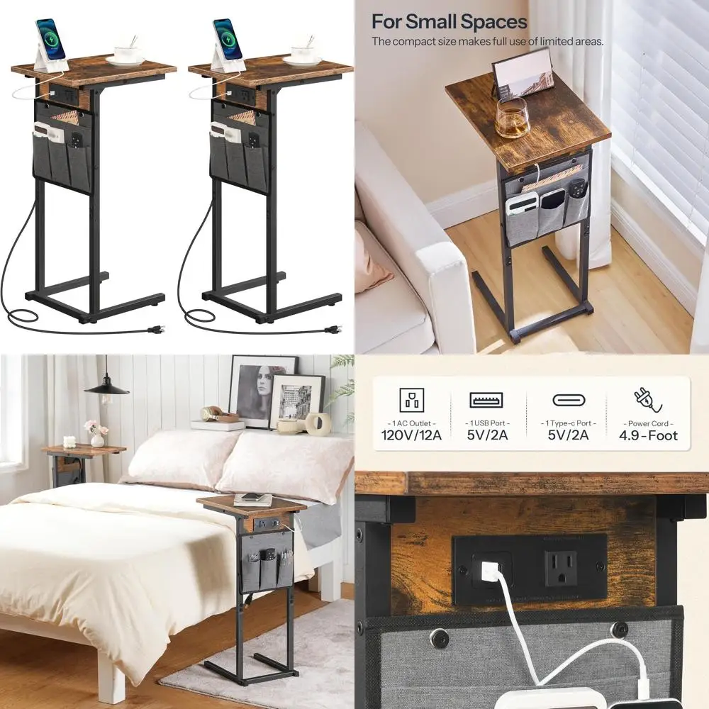 

Приставные столики для дивана C-образной формы из двух частей с зарядкой и хранилищем, высота 27,8, коричневый в деревенском стиле для гостиных