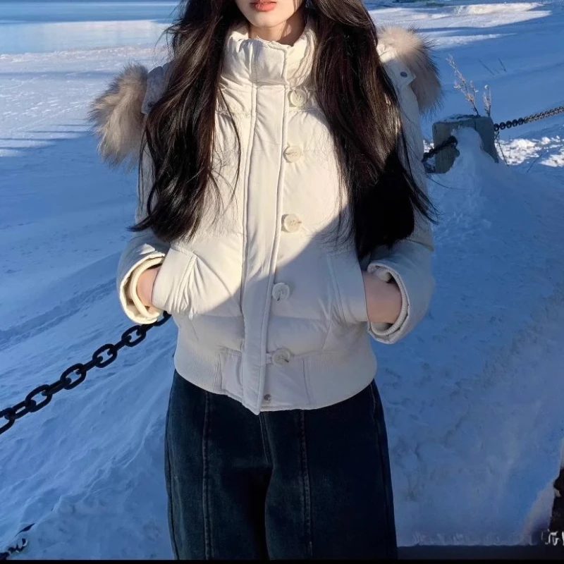 

Новый стиль Real Shot Темно-синее хлопковое пальто с меховым воротником и капюшоном для женщин, зимняя новая свободная повседневная короткая куртка.